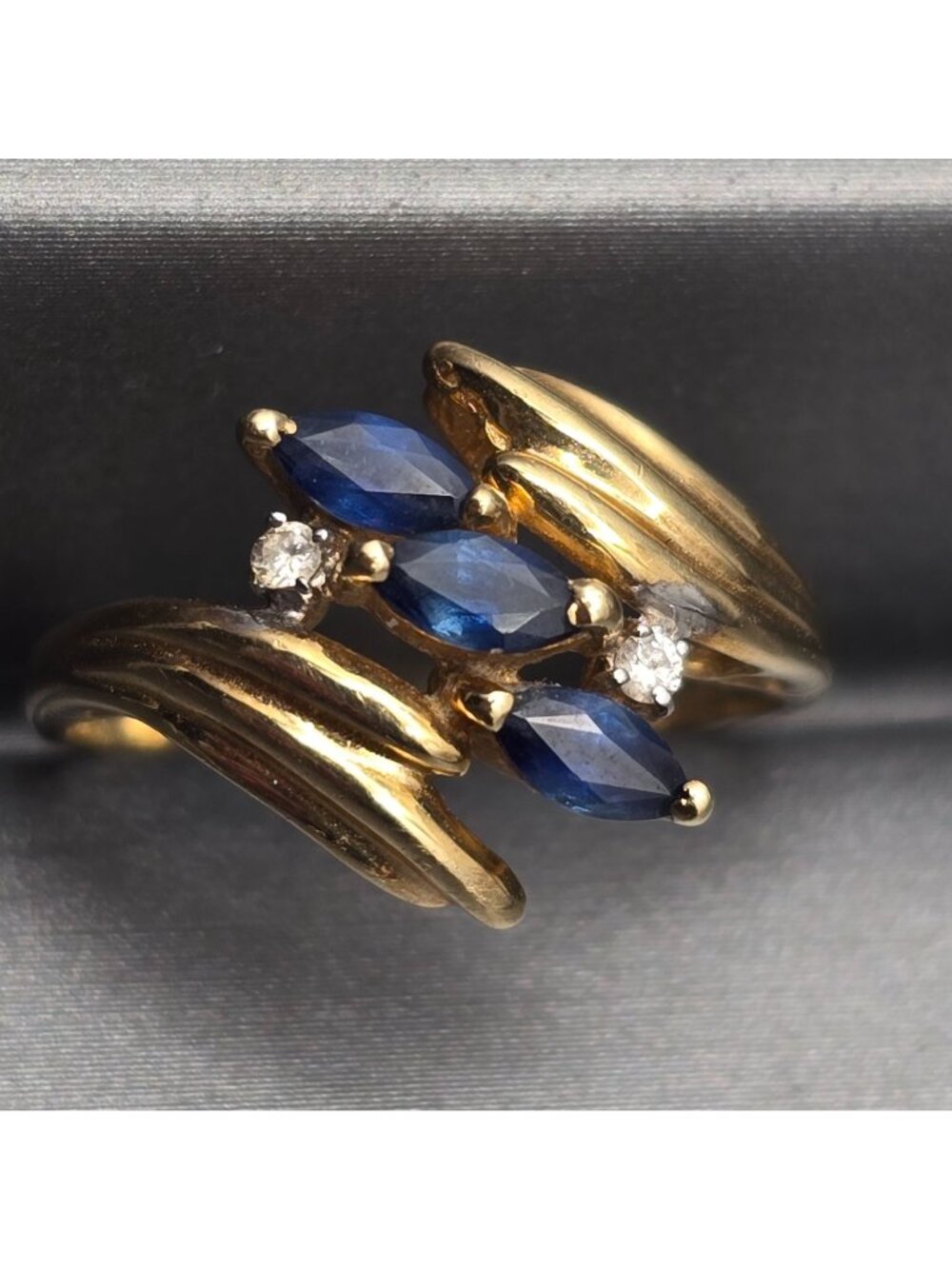 Vintage 10k Gold Sapphire Ring Size 7 Marquise Diamond Accent Cocktail Signed - Picture 6 of 16